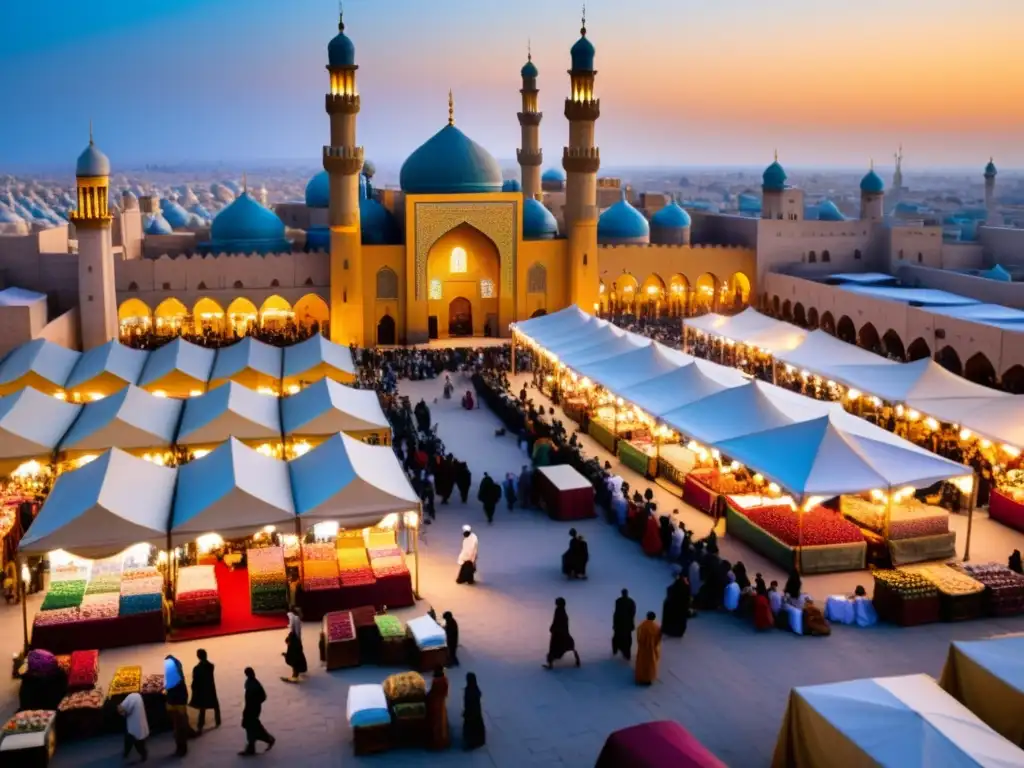 Un bullicioso mercado en una antigua ciudad islámica, con minaretes y mezquitas de fondo