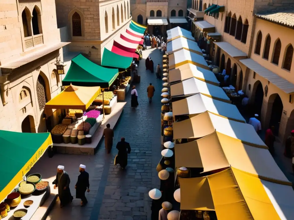 Un bullicioso mercado en una antigua ciudad islámica, con calles estrechas, edificios ornamentados y toldos coloridos