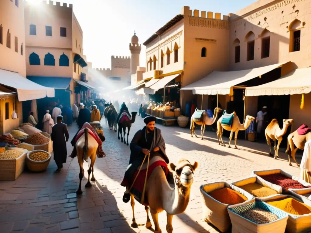 Un bullicioso mercado en una antigua ciudad del norte de África, con edificios intrincadamente decorados, calles estrechas y una vibrante variedad de comerciantes vendiendo especias, textiles y cerámica