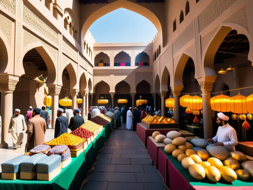 Mercado vibrante en ciudad islámica: comercio, arquitectura y cultura Un bullicioso mercado en una antigua ciudad islámica, con vistosos textiles y comerciantes y clientes en pleno intercambio