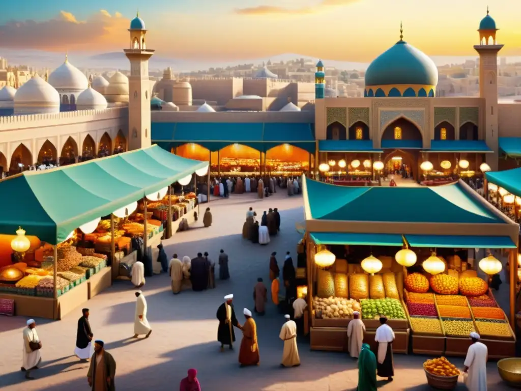 Mercado animado en ciudad islámica con detalles realistas Un bullicioso mercado en una antigua ciudad islámica, con vendedores, gente regateando y la arquitectura icónica de la época