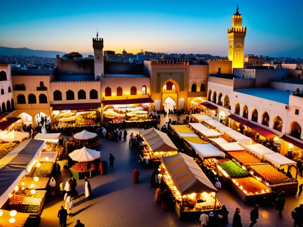 Un bullicioso mercado en la antigua ciudad de Fez, Marruecos, con calles estrechas llenas de textiles, cerámica y especias vibrantes