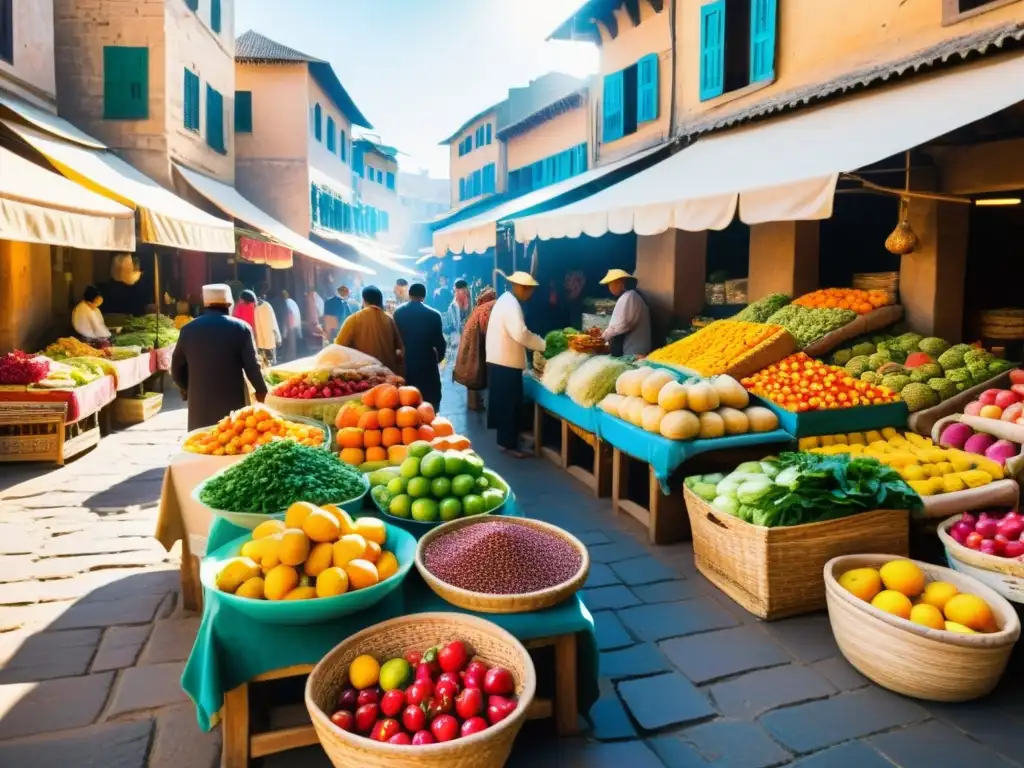 Un bullicioso mercado en una antigua ciudad, con vendedores ofreciendo una colorida variedad de frutas, verduras y especias