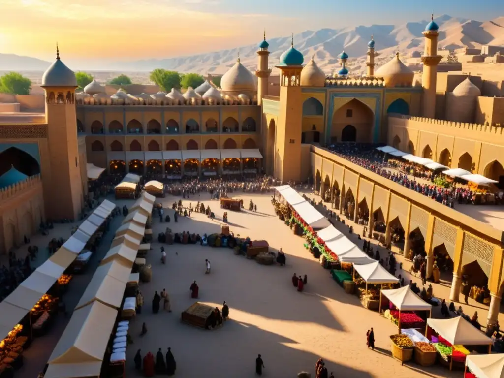 Un bullicioso mercado en la antigua Persia, con colores vibrantes y actividad frenética