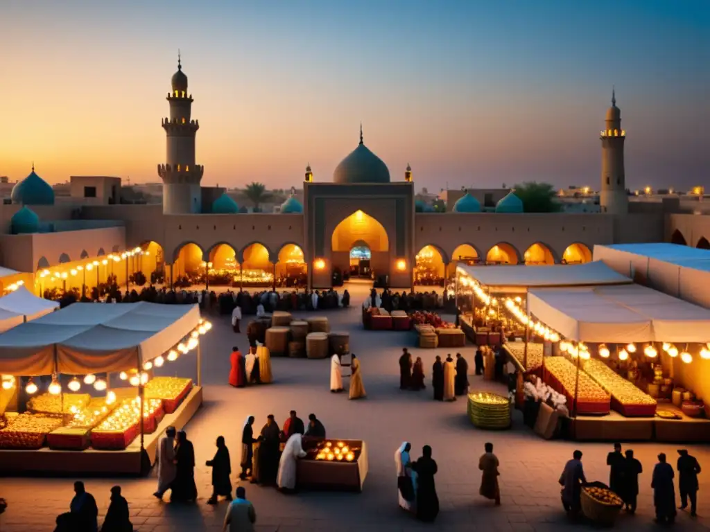 Mercado mágico en Bagdad al atardecer Un bullicioso mercado en la antigua Bagdad al anochecer, con detalles árabes intrincados y una atmósfera de misterio