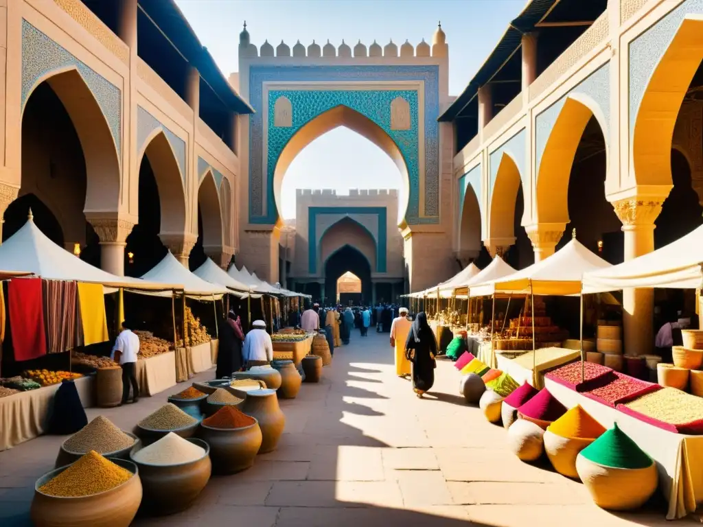 Un bullicioso mercado en la antigua Bagdad, con edificios intrincados, textiles coloridos y gente diversa