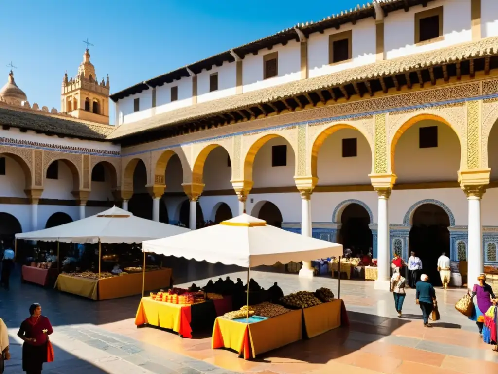 Un bullicioso mercado en la antigua Córdoba, con edificios intrincadamente decorados, textiles vibrantes y una diversa actividad comercial