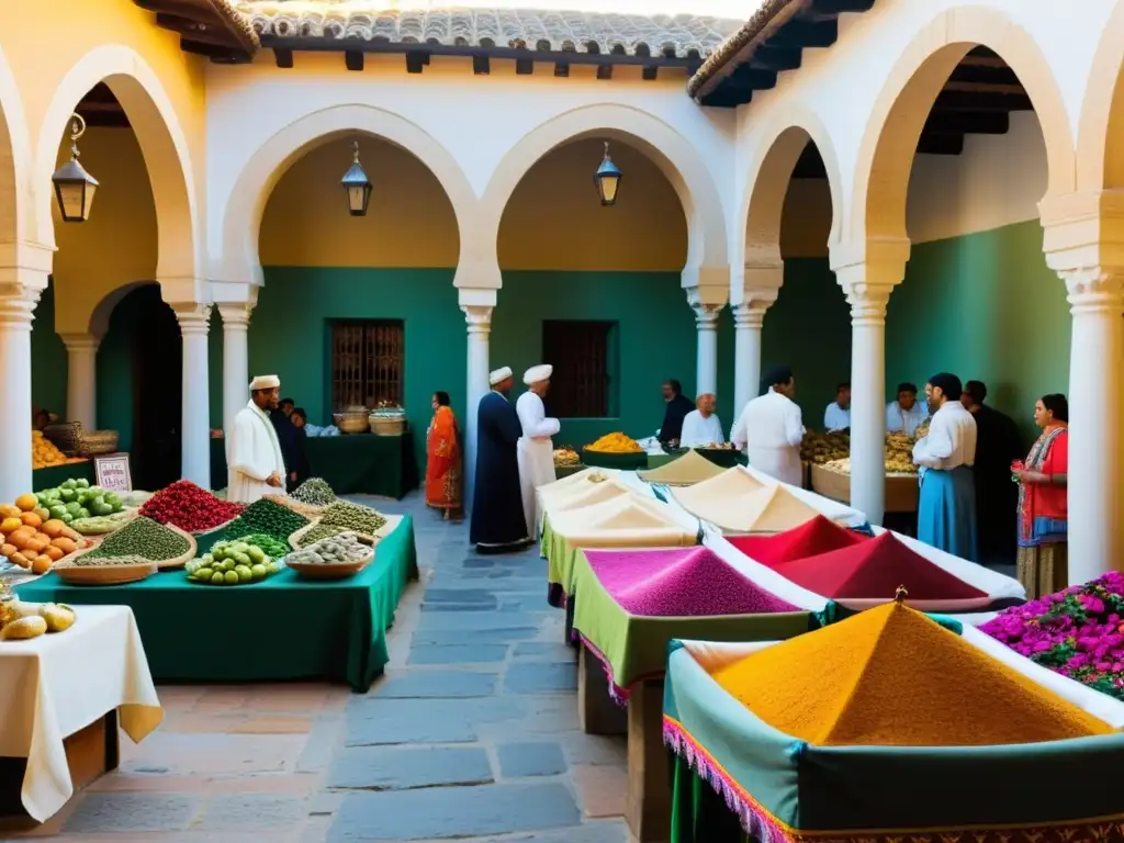 Un bullicioso mercado en la antigua Córdoba, con gente de diferentes culturas conversando y comerciando bajo la sombra de la ornamentada arquitectura árabe