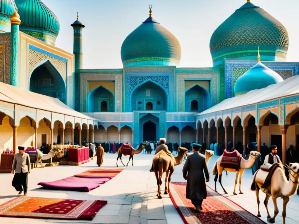 Un bullicioso mercado en la antigua Samarcanda, con intercambios culturales ruta seda Islam de vibrante seda, alfombras y especias exóticas