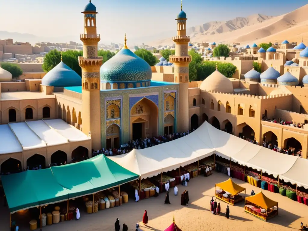 Un bullicioso mercado en la antigua Persia, con textiles intrincadamente decorados y montones de especias coloridas