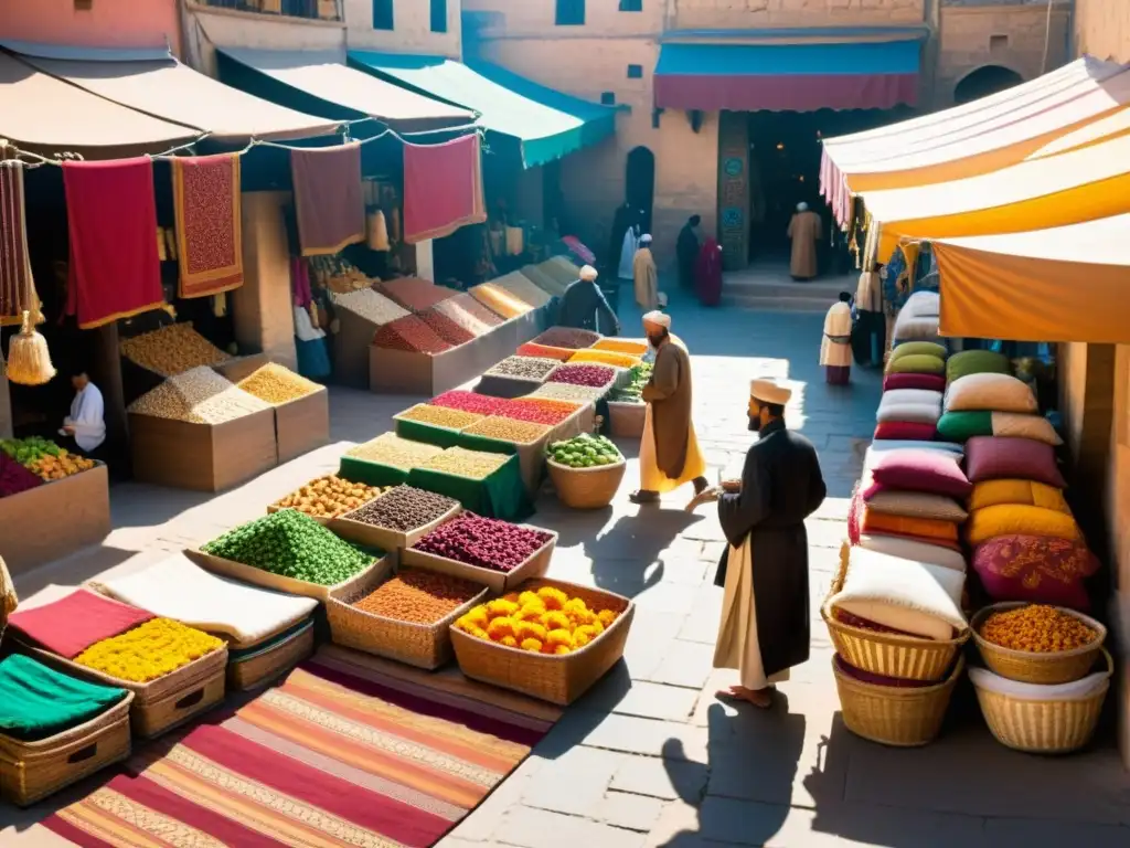 Un bullicioso mercado en un antiguo califato, con comerciantes vendiendo textiles vibrantes, especias exóticas y joyas relucientes bajo toldos coloridos