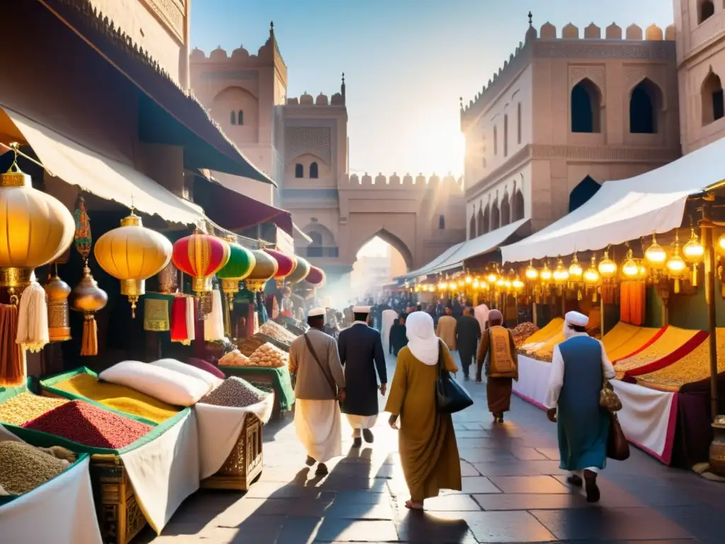 Un bullicioso mercado antiguo en una ciudad islámica histórica, con textiles vibrantes, especias y arquitectura ornamental