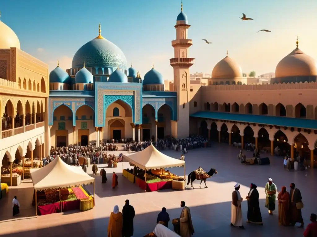 Un bullicioso mercado árabe con arquitectura detallada, textiles coloridos y gente diversa, destacando la unificación de pueblos árabes Islam