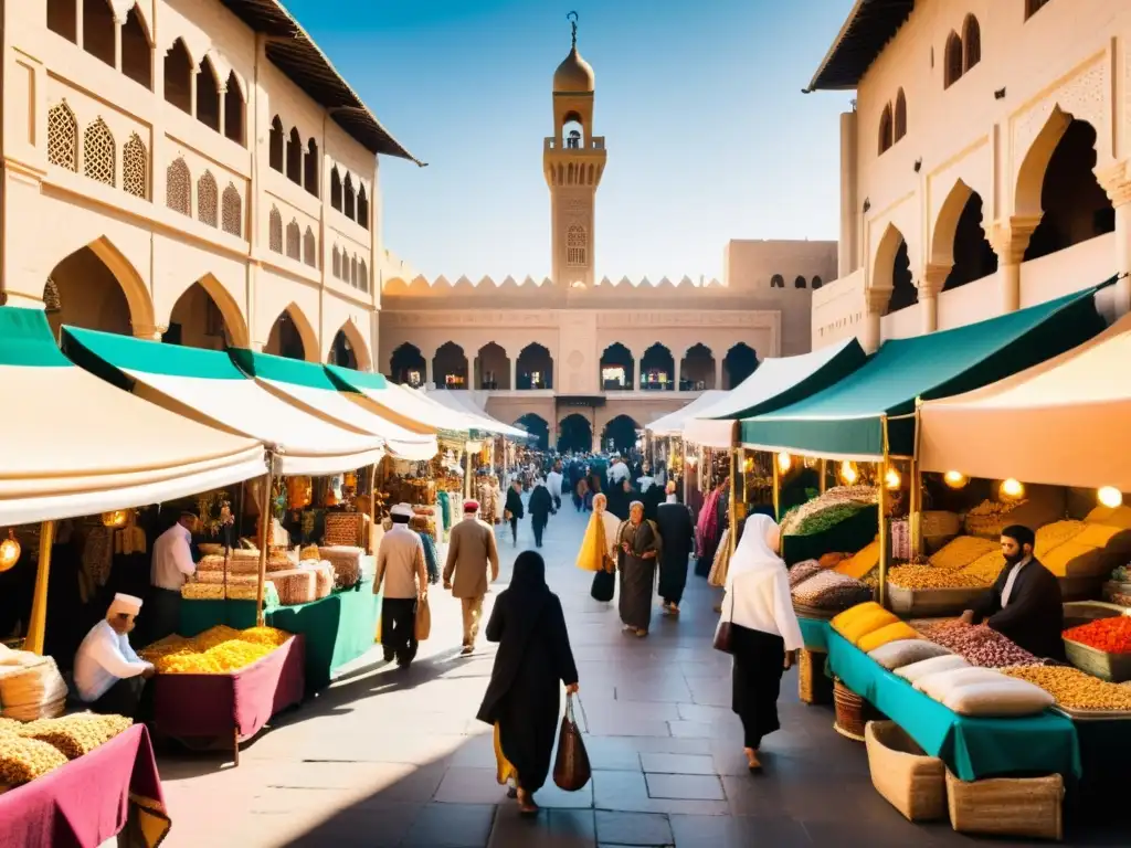 Un bullicioso mercado con arquitectura tradicional, textiles coloridos y gente comerciando