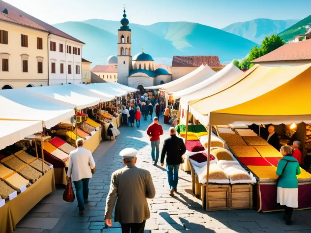 Un bullicioso mercado en los Balcanes, rebosante de colores y aromas