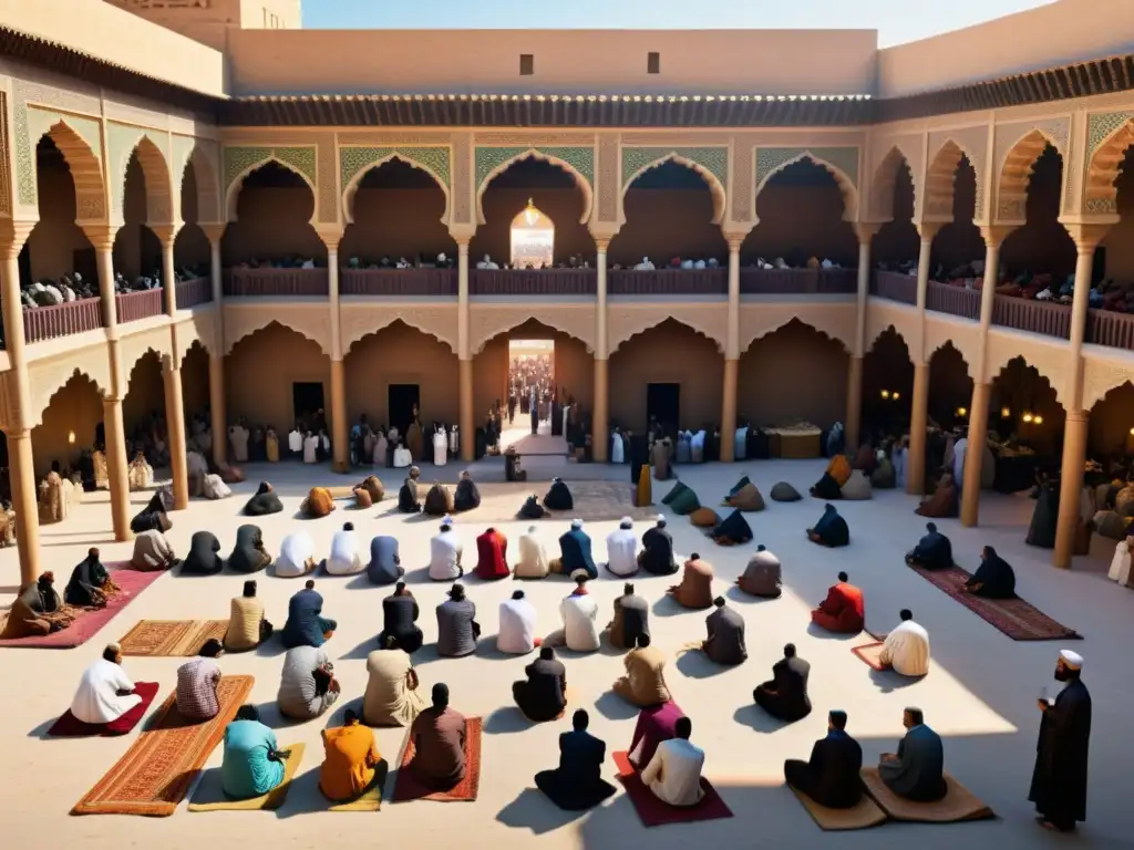 Un bullicioso mercado en un califato con gente de diversas edades y etnias practicando sus costumbres y tradiciones del Califato en una atmósfera vibrante y espiritual al atardecer