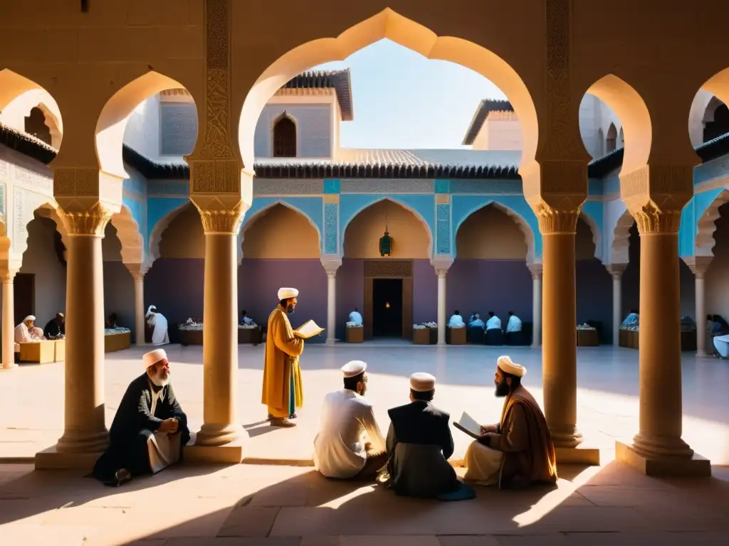 Un bullicioso mercado en un califato islámico histórico, con arquitectura ornamentada, colores vibrantes y gente debatiendo y comerciando libros