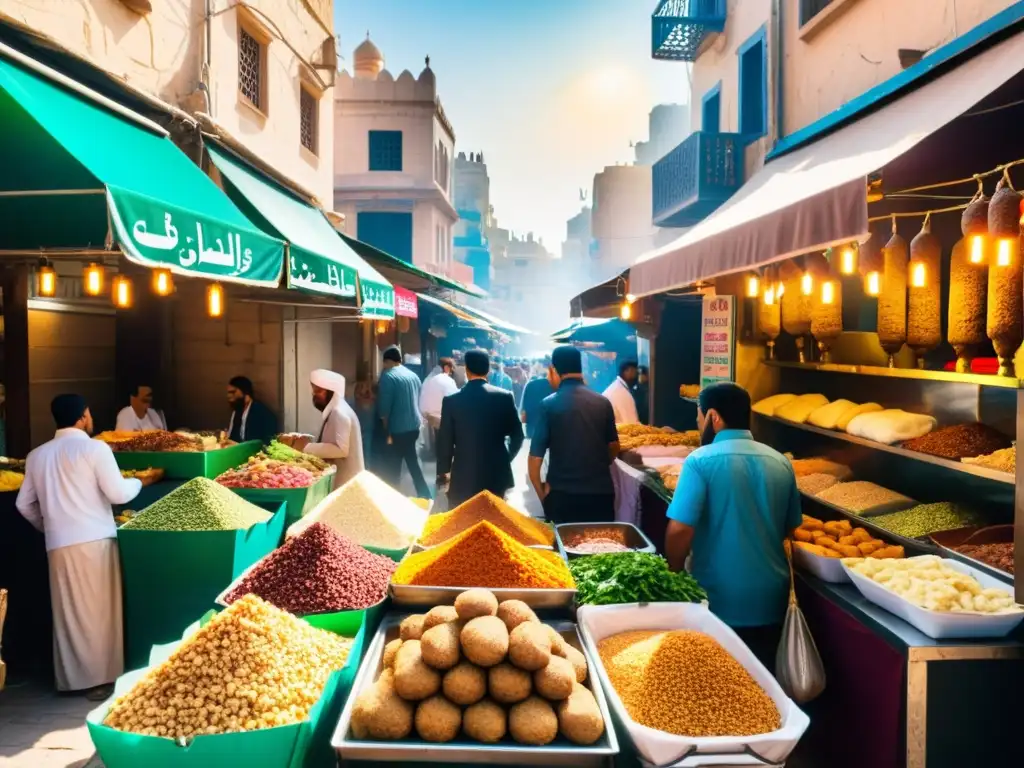 Un bullicioso mercado callejero en una ciudad del Medio Oriente, repleto de puestos de comida halal y una vibrante atmósfera