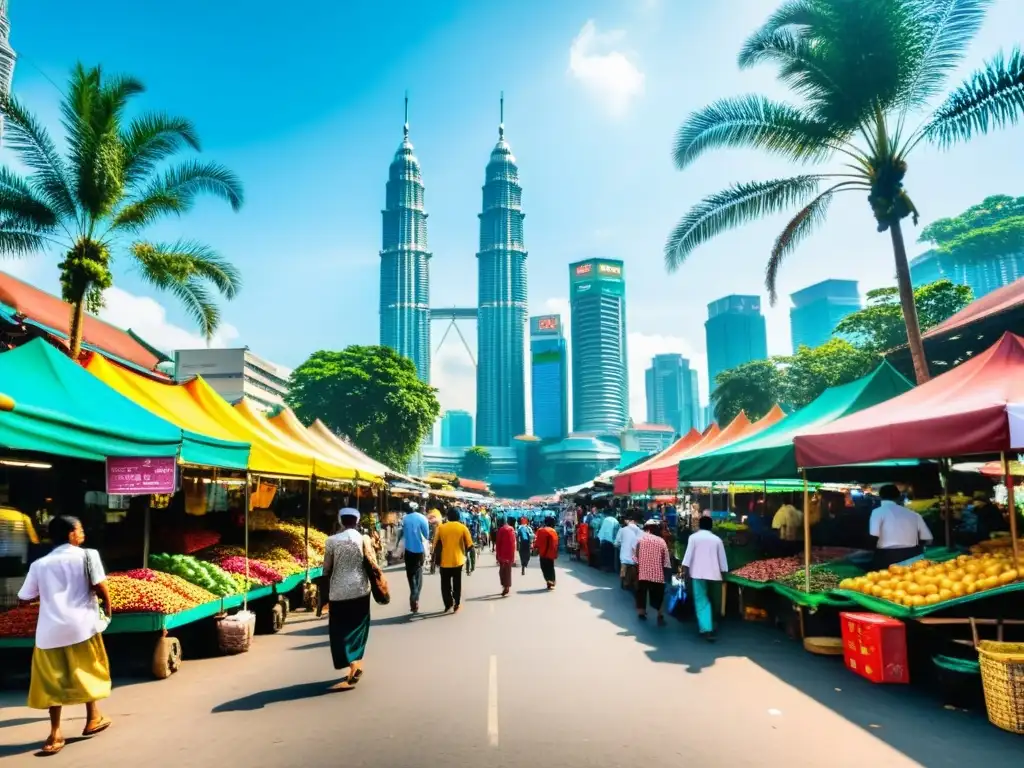 Un bullicioso mercado callejero en Malasia, con colores vibrantes y gente diversa realizando sus actividades diarias