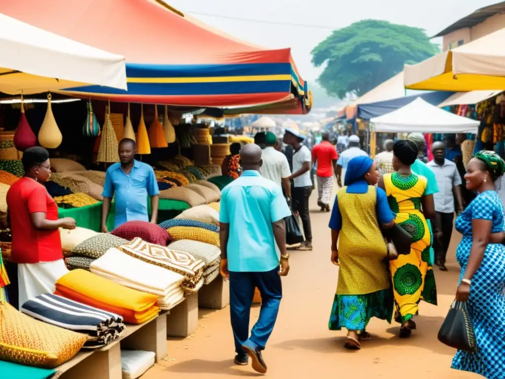 Un bullicioso mercado callejero en Accra, Ghana, con coloridos puestos que venden ropa tradicional de Ghana e islámica, especias y artesanías