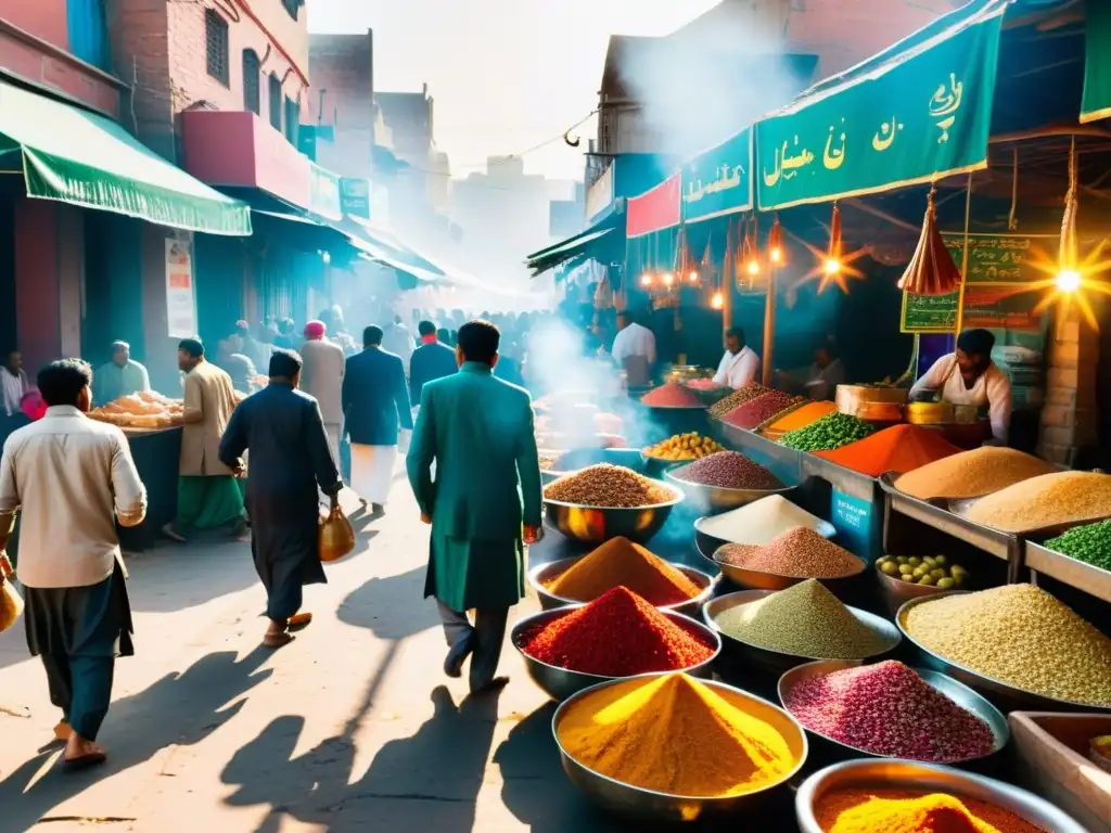 Un bullicioso mercado callejero en Pakistán, lleno de especias vibrantes, productos coloridos y puestos de comida callejera