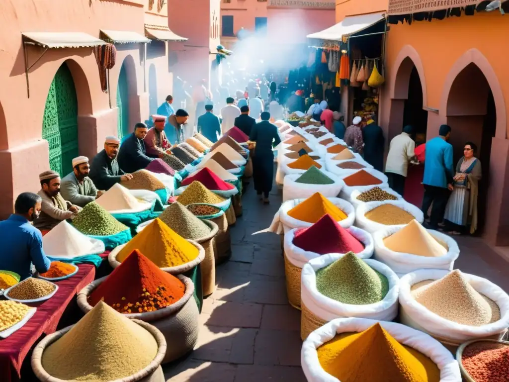 Un bullicioso mercado callejero en Marrakech, Marruecos, lleno de puestos coloridos vendiendo especias, textiles y artesanías hechas a mano