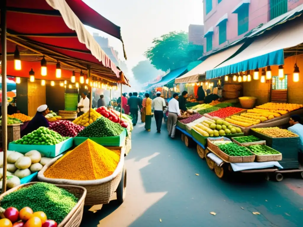 Un bullicioso mercado callejero en Nueva Delhi, rebosante de colores, aromas y sabores de la cocina tradicional india