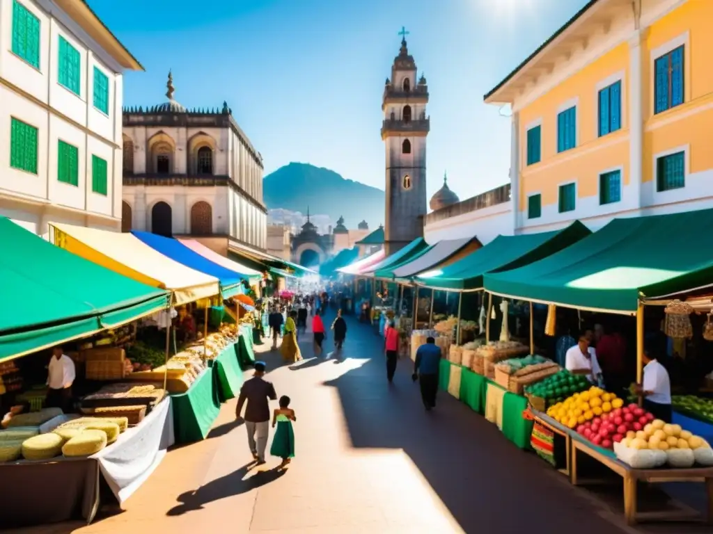 Un bullicioso mercado callejero en Brasil con puestos coloridos vendiendo productos brasileños e islámicos