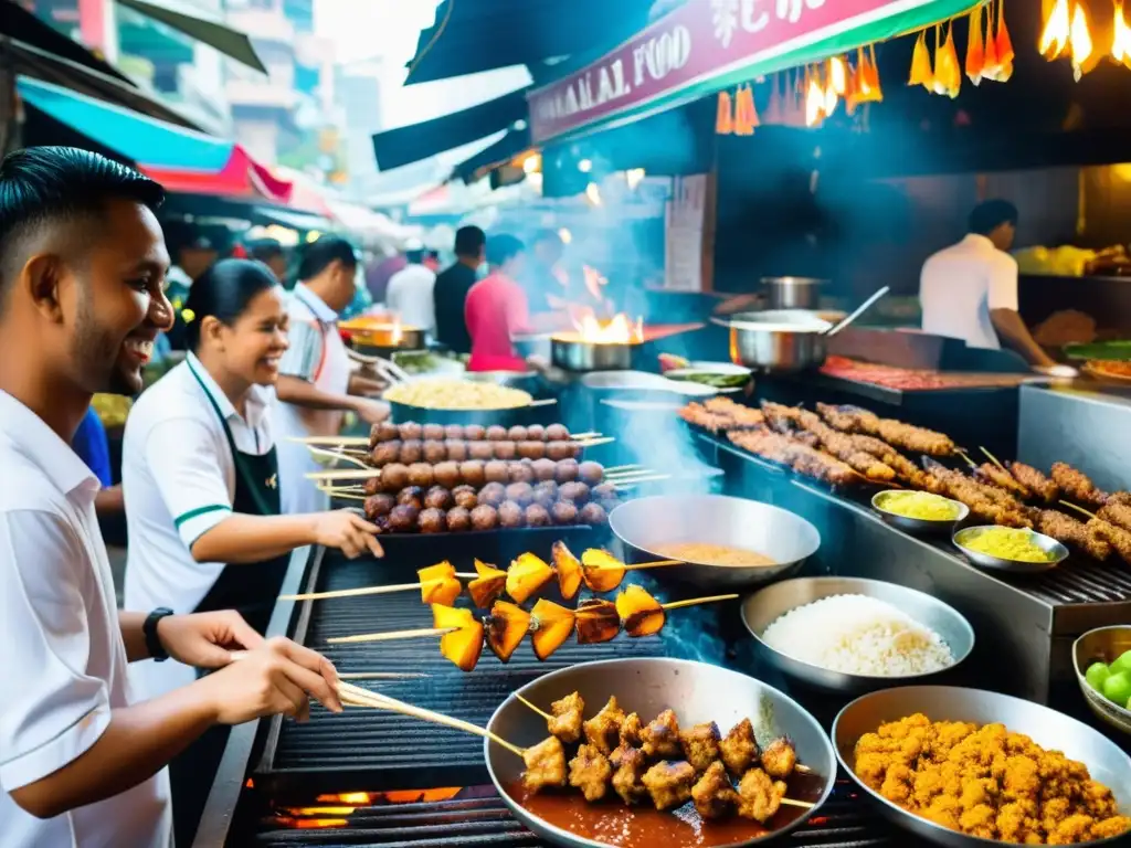 Un bullicioso mercado callejero en Kuala Lumpur, Malasia, rebosante de puestos vibrantes que ofrecen una colorida variedad de comida callejera halal