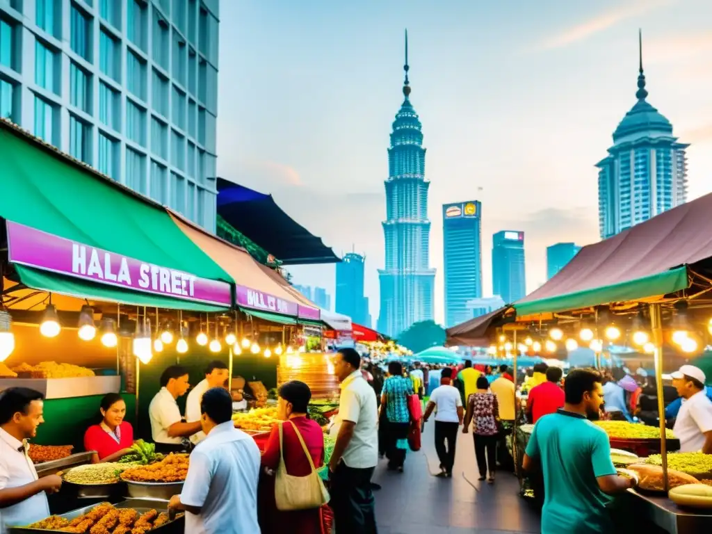 Un bullicioso mercado callejero en Kuala Lumpur, Malasia, rebosante de puestos vibrantes que ofrecen un colorido surtido de comida callejera halal