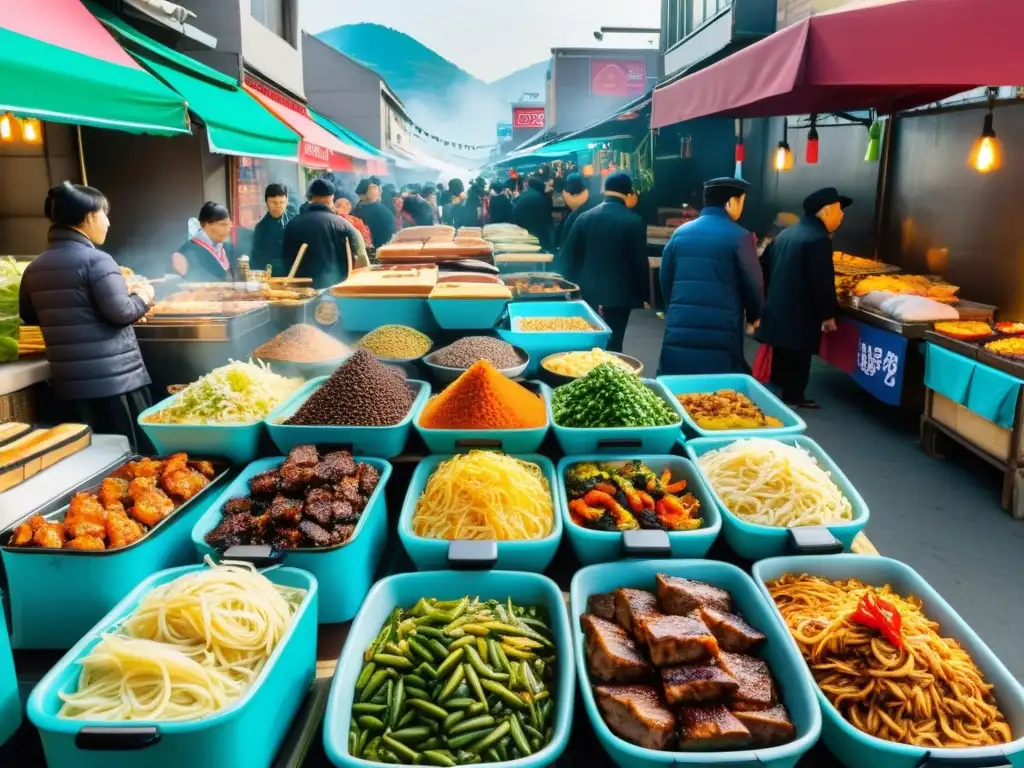 Un bullicioso mercado callejero en Corea del Sur, con una vibrante variedad de gastronomía islámica en Asia oriental