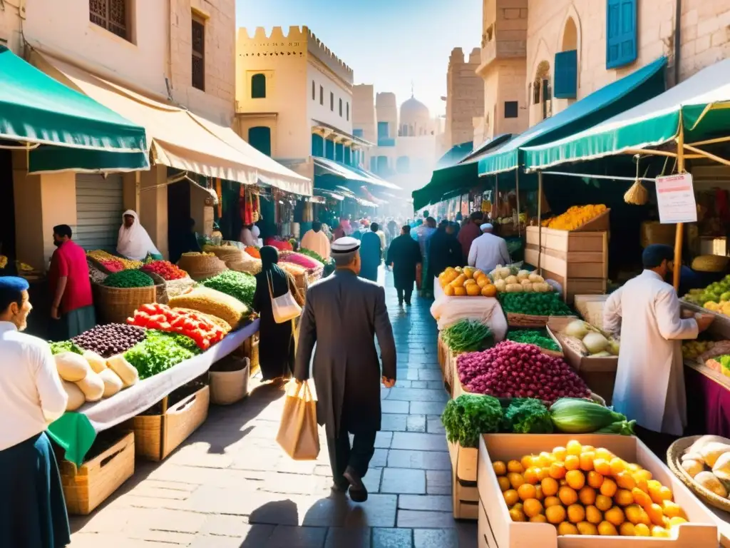 Un bullicioso mercado callejero en una vibrante ciudad de Oriente Medio, con puestos coloridos vendiendo productos frescos, textiles y artesanías