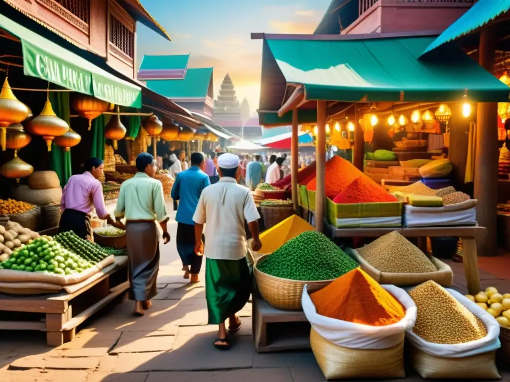 Un bullicioso mercado camboyano con influencia árabe, donde el intercambio cultural se refleja en colores vibrantes y detalles elaborados