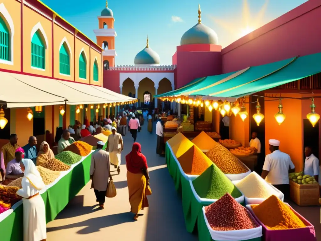 Mercado caribeño: influencia islámica en la arquitectura y el comercio Un bullicioso mercado caribeño con influencia islámica en la arquitectura, textiles y gente