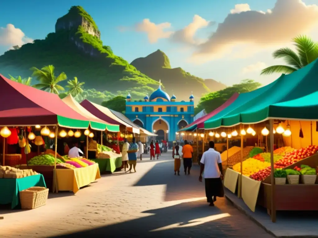 Mercado caribeño: fusión cultural y colorido vibrante Un bullicioso mercado caribeño con influencia islámica, mostrando la fusión cultural