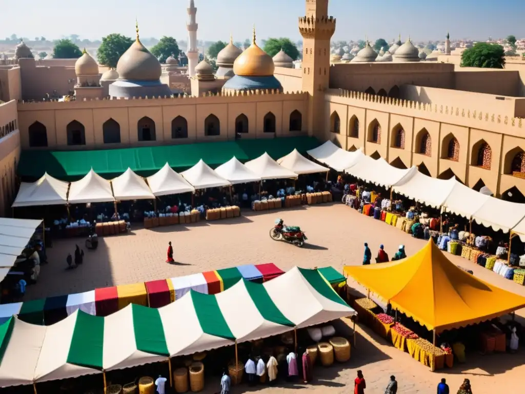 Un bullicioso mercado en una ciudad africana, con puestos de coloridos vendiendo atuendos islámicos, especias y artesanías