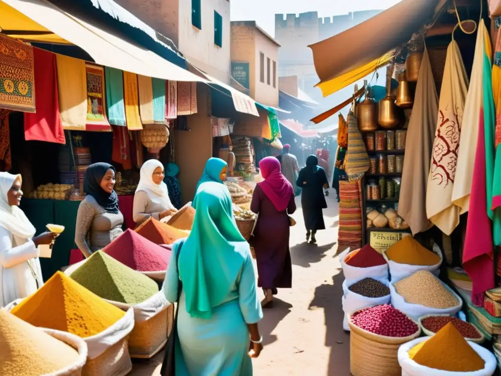 Un bullicioso mercado en una ciudad africana, con textiles vibrantes y ropa islámica tradicional en exhibición