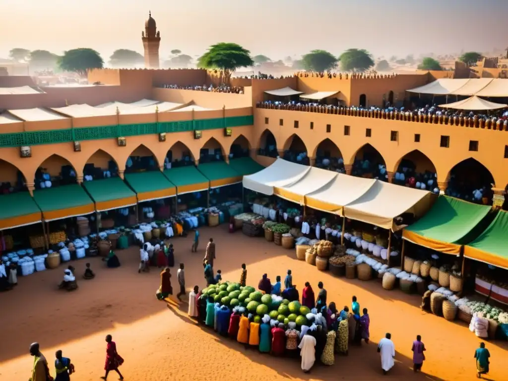 Un bullicioso mercado en una ciudad africana, lleno de colores vibrantes y gente diversa