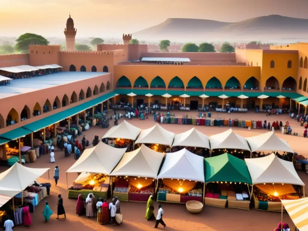 Un bullicioso mercado en una ciudad africana, con colores vibrantes y patrones intrincados