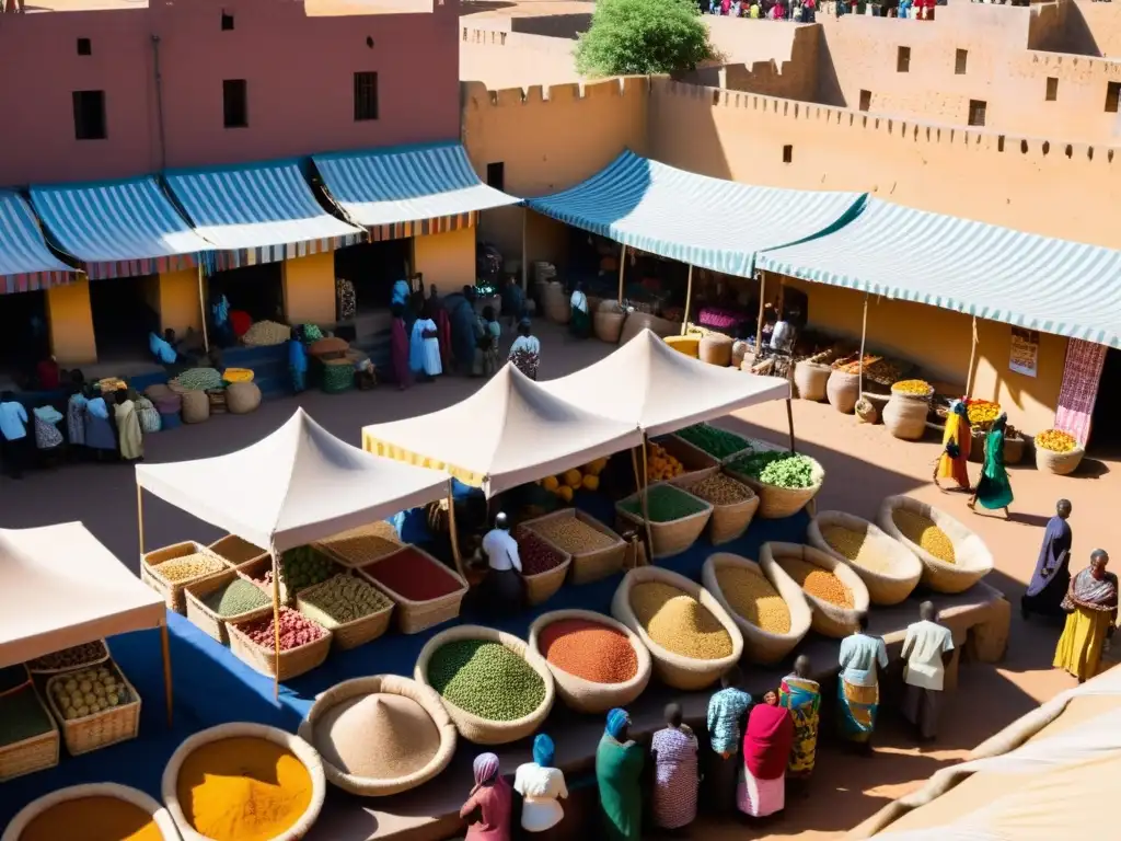 Un bullicioso mercado en una ciudad africana, con puestos coloridos vendiendo especias, textiles y artesanías