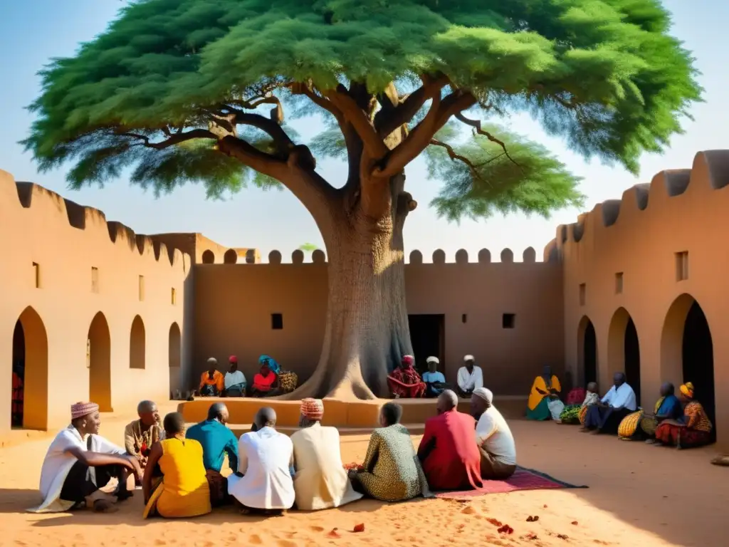 Un bullicioso mercado en una ciudad africana con textiles y especias vibrantes en exhibición frente a la arquitectura colonial