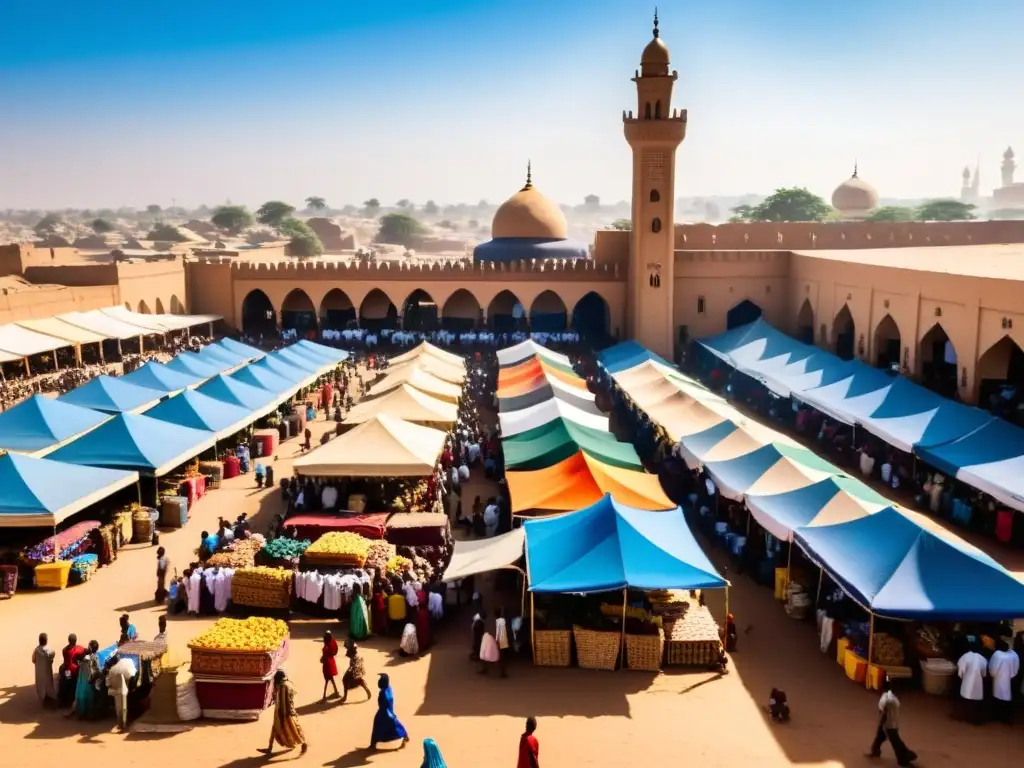 Un bullicioso mercado en una ciudad africana, con puestos coloridos y multitudes animadas bajo el sol