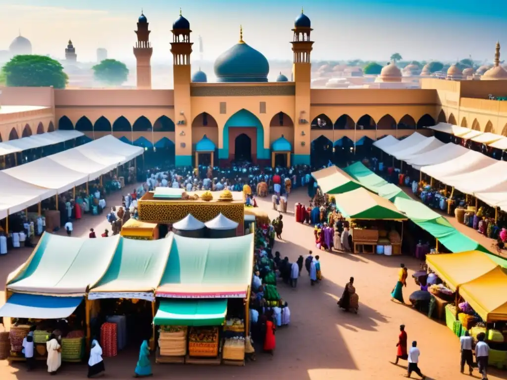 Un bullicioso mercado en una ciudad africana, con gente de diversas etnias e intercambio de bienes