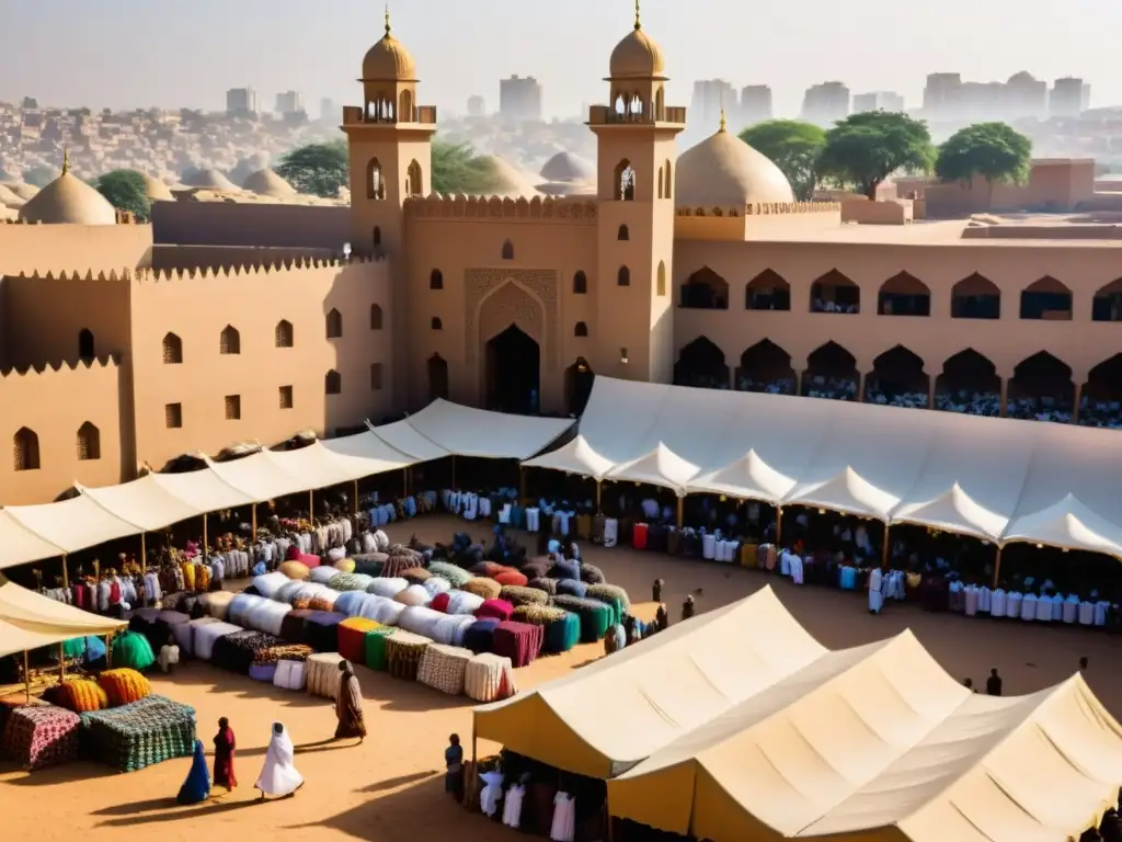 Un bullicioso mercado en una ciudad africana, con mezquitas intrincadamente diseñadas en el fondo