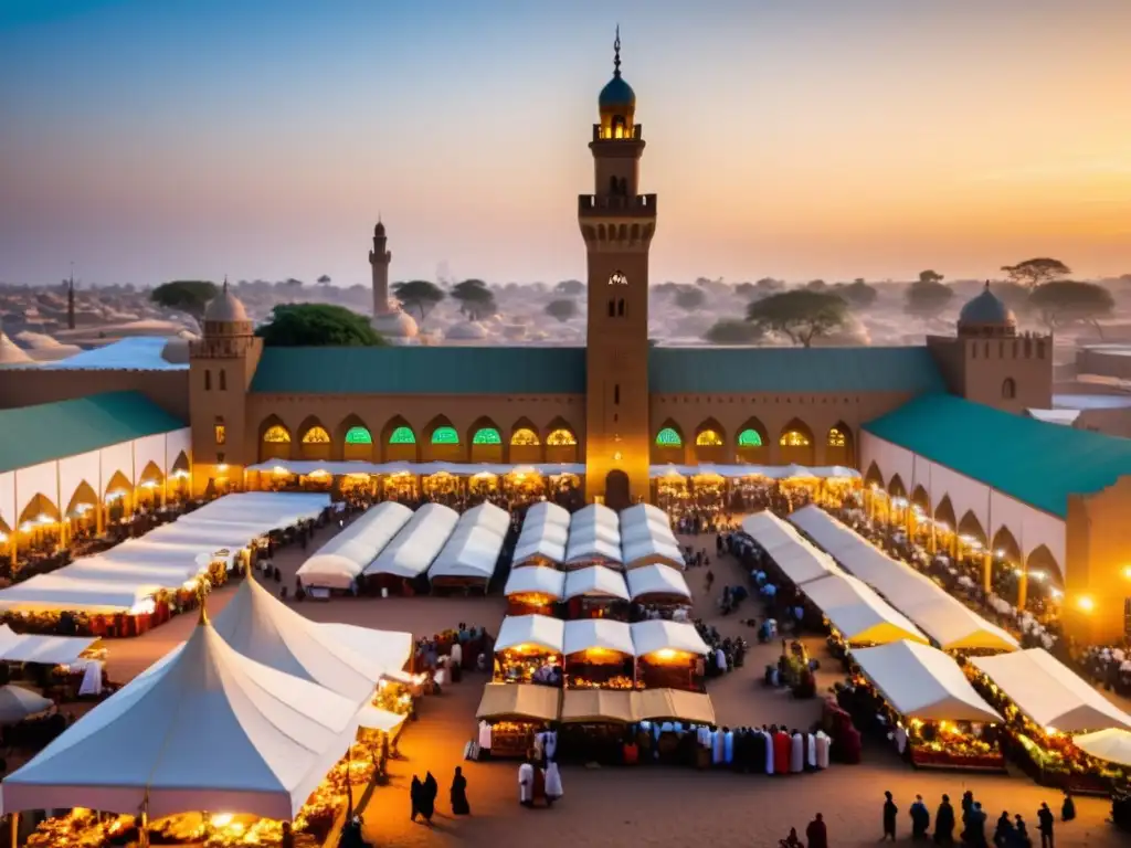 Un bullicioso mercado en una ciudad africana, con mezquitas intrincadamente diseñadas y comerciantes intercambiando textiles, especias y joyas bajo el cálido resplandor del sol poniente