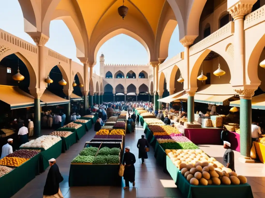 Un bullicioso mercado en una ciudad del Medio Oriente, con arquitectura islámica tradicional y moderna