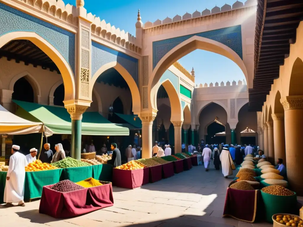 Un bullicioso mercado en una ciudad del Medio Oriente con arquitectura islámica tradicional y una vibrante variedad de productos en exhibición