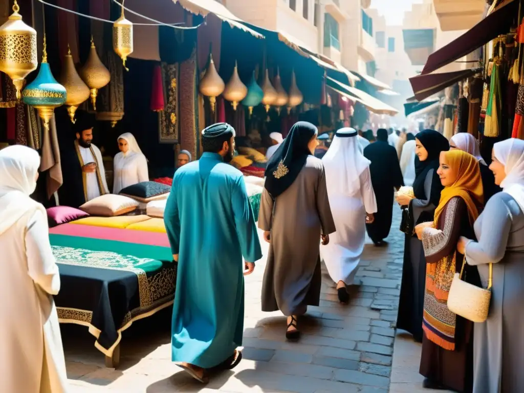 Un bullicioso mercado en una ciudad del Medio Oriente, con atuendos distintivos que reflejan la estructura social islámica y su rica herencia cultural