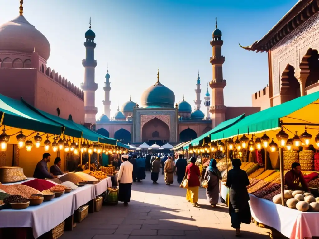 Un bullicioso mercado en una ciudad céntrica de Asia, con colores vibrantes y patrones