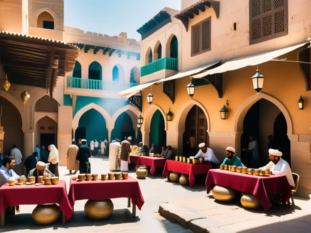 Un bullicioso mercado en una ciudad árabe, con colores vibrantes y arquitectura intrincada